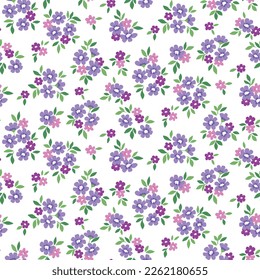 Seamless floral pattern, liberty ditsy print with tiny spring botany in rustic style. Cute botanical design: small hand drawn flowers, leaves, spring meadow on white background. Vector illustration.