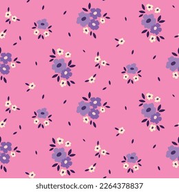 Seamless floral pattern, liberty ditsy print with small flowers in purple colors. Vector.