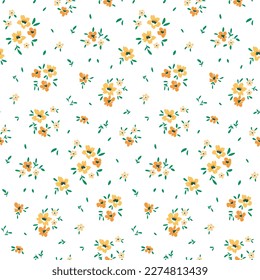 Seamless floral pattern, liberty ditsy print with mini cute flowers. Pretty botanical design of hand drawn flora: yellow flowers, tiny leaves, simple bouquets on white background. Vector illustration.