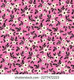 Seamless floral pattern, liberty ditsy print with tiny hand drawn flora. Artistic botanical design with small cute flowers, black leaves on hot pink background. Vector illustration.