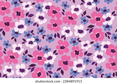 Seamless floral pattern, liberty ditsy print with simple small flowers on a lilac field. Cute botanical design, flower background: tiny hand drawn flowers, leaves, spring meadow. Vector illustration.