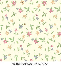 Seamless floral pattern, liberty ditsy print with cute spring botany. Delicate botanical design with small hand drawn flowers, tiny leaves on a light background. Vector illustration.