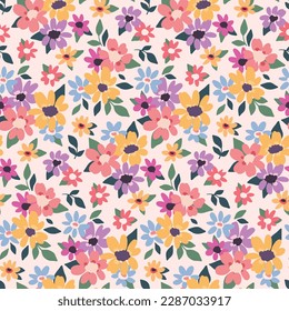 Seamless floral pattern, liberty ditsy print with cute daisies in bouquets. Pretty botanical design for fabric, paper: small hand drawn flowers, leaves on a white background. Vector illustration.