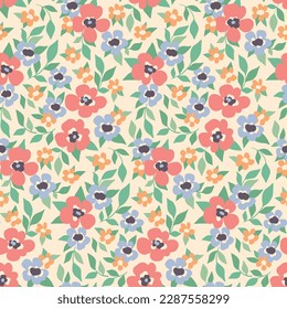 Seamless floral pattern, liberty ditsy print with vintage motif. Cute botanical design for fabric, paper with hand drawn meadow: small flowers, tiny leaves on a light background. Vector illustration.