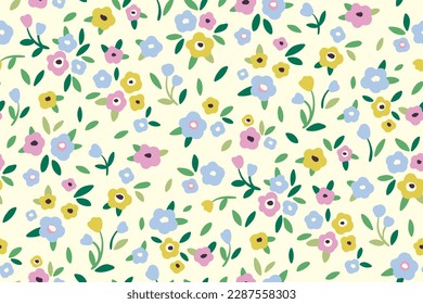 Seamless floral pattern, liberty ditsy print with mini cute flowers. Pretty botanical design with spring meadow: small hand drawn flowers, tiny leaves on white background. Vector illustration.