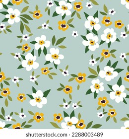 Seamless floral pattern, liberty ditsy print with pretty spring botany. Cute botanical design for fabric, paper: small hand drawn flowers, tiny leaves on a light blue background. Vector illustration.