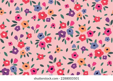 Seamless floral pattern, liberty ditsy print of cute colorful meadow. Pretty botanical design for fabric, paper: tiny hand drawn flowers, small leaves on pink background. Simple flower surface. Vector