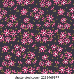 Seamless floral pattern, liberty ditsy print with vintage motif. Elegant botanical design for fabric, paper surface: small hand drawn flowers, tiny leaves on a dark background. Vector illustration.