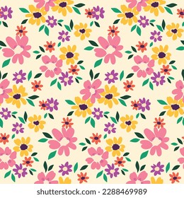 Seamless floral pattern, liberty ditsy print with pretty hand drawn daisies. Cute botanical surface design with a gentle meadow: small flowers, leaves on a white background. Vector illustration.