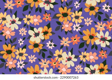 Patrón floral sin brillo, impresión de color mareado con motivos de país. Diseño botánico para tela, papel con prado bonito: flores dibujadas a mano, hojas sobre un fondo azul. Ilustración vectorial.