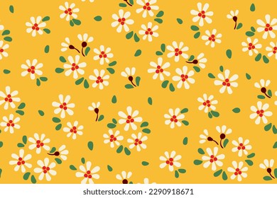 Patrón floral sin brillo, huella de mareo con diminutos tiernos daisies. Bonito diseño botánico para tela, papel con flora dibujada a mano: flores decorativas pequeñas, hojas sobre un fondo amarillo. Vector.