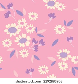 Seamless floral pattern, liberty ditsy print in gentle pastel colors. Pretty botanical design with cute hand drawn plants, small flowers, leaves on a pink background. Vector illustration.