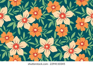 Patrón floral sin foco, impresión de color marrón libre con plantas decorativas simples. Bonito diseño botánico para tela, papel: flores dibujadas a mano, hojas sobre un fondo azul. Ilustración vectorial.