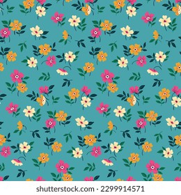 Seamless floral pattern, liberty ditsy print with cute summer meadow. Simple botanical design for fabric, paper: hand drawn plants, small flowers, tiny leaves on a blue background. Vector illustration