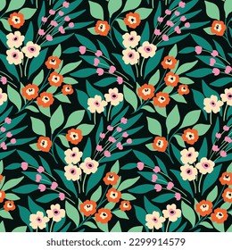 Seamless floral pattern, liberty ditsy print with wild summer botany. Cute botanical design: colorful meadow, small hand drawn flowers, leaves, branches on a black background. Vector illustration.