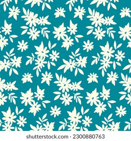 Seamless floral pattern, liberty ditsy print with tiny hand drawn botany. Cute botanical design for fabric, paper: small white flowers, leaves on a blue background. Vector illustration.