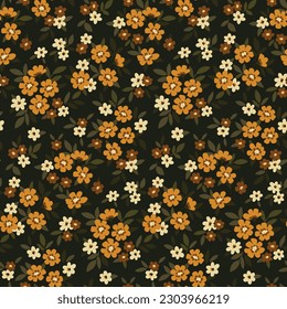 Seamless floral pattern, liberty ditsy print with pretty hand drawn autumn botany. Cute botanical design for fabric, paper: small yellow flowers, tiny leaves on a brown background. Vector illustration