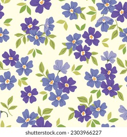 Seamless floral pattern, liberty ditsy print with rustic small bouquets. Delicate botanical design with hand drawn spring flora: tiny blue flowers, leaves on a white background. Vector illustration.