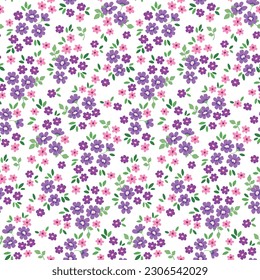 Seamless floral pattern, liberty ditsy print with tiny cute flora. Pretty botanical design with a rustic motif: hand drawn meadow, small flowers, leaves on a white background. Vector illustration.
