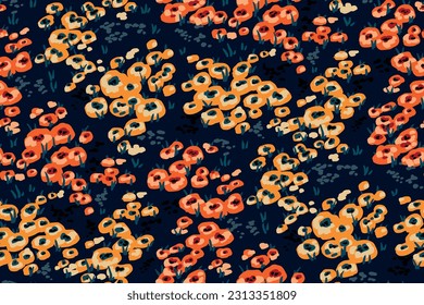 Seamless floral pattern, liberty ditsy print with artistic meadow, spotted field. Botanical design for textiles, other surfaces: small hand drawn flowers, tiny leaves on a dark. Vector illustration.