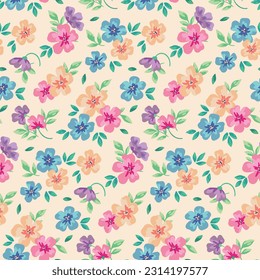 Nahtlose Blumenmuster, freier Gaumendruck mit zarter Wasserfarbe Botanik. Hübsches botanisches Design für Stoff, Papier: kleine, handgezeichnete Blumen, Blätter auf hellem Hintergrund. Vektorgrafik.