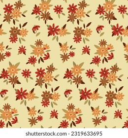 Seamless floral pattern, liberty ditsy print with tiny hand drawn flowers in autumn colors. Cute botanical design with mini flowers buds, small leaves on a light background. Vector illustration.
