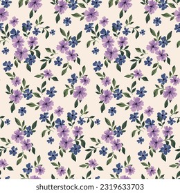 Seamless floral pattern, liberty ditsy print with tiny lilac flowers. Cute botanical design for textiles, fabrics: mini hand drawn flowers, small leaves on a light background. Vector illustration.
