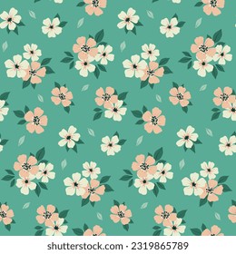 Seamless floral pattern, liberty ditsy print with small cute flowers. Pretty botanical design for fabric, textile, paper: tiny hand drawn flowers, leaves on blue background. Vector illustration.