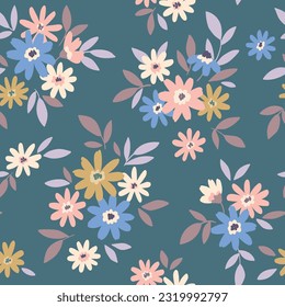 Seamless floral pattern, liberty ditsy print with vintage motif. Cute botanical design, pretty flower ornament: small hand drawn flowers, tiny daisies, leaves on a blue background. Vector illustration