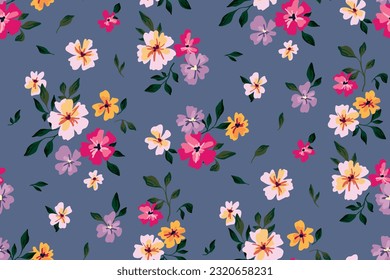 Seamless floral pattern, liberty ditsy with cute mini flowers. Pretty botanical design with abstract meadow: small hand drawn flowers, daisies, tiny leaves on a blue field. Vector illustration.