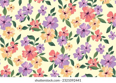 Seamless floral pattern, liberty ditsy print with small floral drawing. Cute botanical fabric, paper design: small hand drawn flowers, tiny leaves in bouquets on light background. Vector illustration