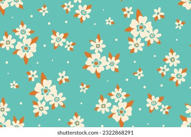 Seamless floral pattern, liberty ditsy print with a rustic, folk motif. Cute romantic design for fabric, paper: small hand drawn plants, white flowers, leaves on a blue background. Vector illustration