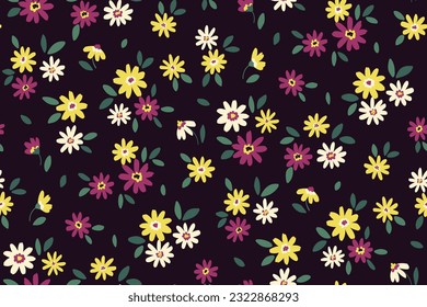 Seamless floral pattern, liberty ditsy print with mini cute flowers. Romantic botanical design of fabric, textile: small hand draw daisy flowers, tiny leaves on a dark background. Vector illustration.