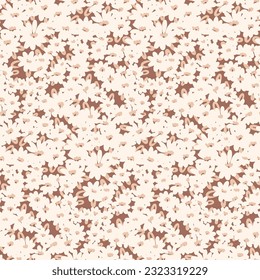 Patrón floral sin foco, huella de mareo con pequeñas margaritas blancas, suave prado primaveral. Diseño botánico lindo con pequeñas flores dibujadas a mano, hojas sobre fondo claro. Ilustración vectorial.