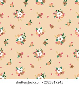 Seamless floral pattern, liberty ditsy print of mini cute bouquets. Pretty botanical design, ornament in pastel colors: small hand drawn flowers, tiny leaves on a light background. Vector illustration