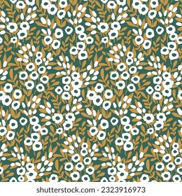 Seamless floral pattern, liberty ditsy print with tiny painted wildflower. Artistic botanical surface design: small hand drawn plants, white flowers, leaves on a green background. Vector illustration.