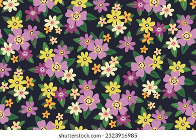 Nahtlose Blumenmuster, freier Farbdruck mit bunter Vintage Wiese. Schönes botanisches Design mit einfachen handgezeichneten Pflanzen: kleine Blumen, winzige Blätter auf dunklem Hintergrund. Vektorgrafik.