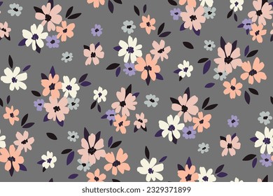 Seamless floral pattern, liberty ditsy print of pretty tiny plants. Romantic botanical fabric, paper design: small hand drawn daisy flowers, leaves, cute meadow on gray background. Vector illustration