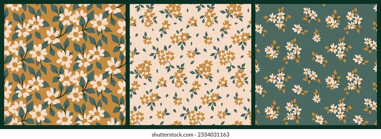 Seamless floral pattern, liberty ditsy print with mini chamomiles in the set. Pretty botanical design: tiny hand drawn flowers, small cute daisies, leaves on different background. Vector illustration.