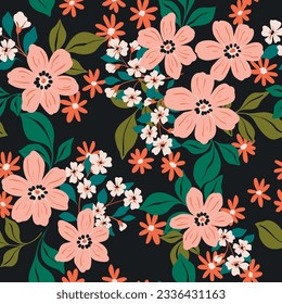 Nahtlose Blumenmuster, freier Gaumendruck mit süßer großer Botanik im Retro-Folk-Stil. Schönes botanisches Design handgezeichneter Wildpflanzen: Blumen, Blätter auf schwarzem Hintergrund. Vektorgrafik.