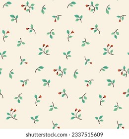 Seamless floral pattern, liberty ditsy print, folk motif ornament with pretty tiny twigs. Cute botanical design: small hand drawn branches, flowers, leaves on a white background. Vector illustration.