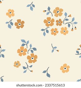 Seamless floral pattern, liberty ditsy print, rustic ornament with small plants. Cute botanical design: hand drawn yellow flowers buds, tiny leaves on white background. Vector illustration.