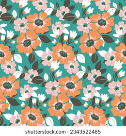 Seamless floral pattern, liberty ditsy print with retro hippie vibe. Pretty botanical design, simple flower background: hand drawn summer blooming meadow of small flowers, leaves. Vector illustration.