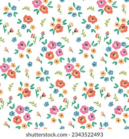 Patrón floral sin foco, impresión de tibia libertad de mini margaritas coloridas. Tejido botánico, diseño de papel: plantas simples dibujadas a mano, flores pequeñas, hojas diminutas sobre fondo blanco Ilustración vectorial