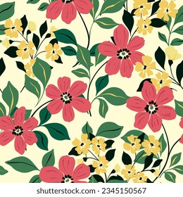 Patrón floral sin foco, huella de color marrón de la libertad con un simple jardín vintage. Hermoso diseño botánico de plantas silvestres dibujadas a mano: flores pequeñas, hojas, ramas sobre fondo blanco. Ilustración vectorial.