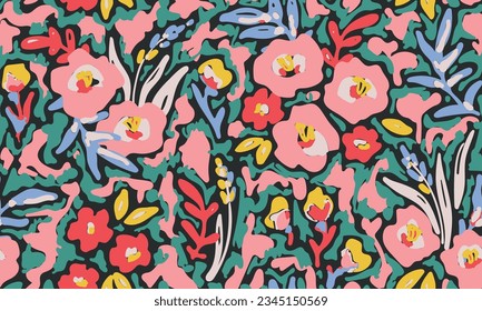 Seamless floral pattern, liberty ditsy print with artistic meadow in retro style. Colorful botanical design with small hand drawn daisy flowers, leaves on a dark background. Vector illustration.