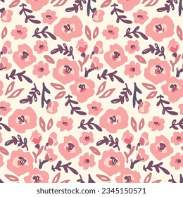 Seamless floral pattern, liberty ditsy print with small pink flowers. Cute botanical design with hand drawn romantic meadow: tiny flowers, leaves on white background. Vector illustration.