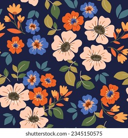 Seamless floral pattern, liberty ditsy print with folk motif in vintage style. Beautiful botanical design: hand drawn plants, small flowers, leaves on a dark blue background. Vector illustration.