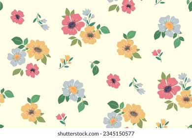 Seamless floral pattern, liberty ditsy print with simple spring botany. Cute botanical design: small hand drawn flowers, leaves, pretty bouquets on a white background. Vector illustration.