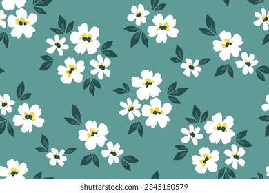 Seamless floral pattern, liberty ditsy print with drawing small plants. Simple botanical design with vintage motif: small hand drawn white flowers, leaves on a blue background. Vector illustration.